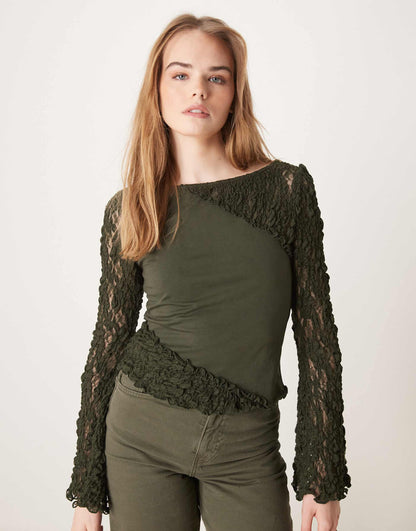 Spliced Lace Flute Sleeve Slash Neck Top