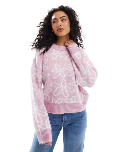 Knitted Jumper With Flower Heart Pattern