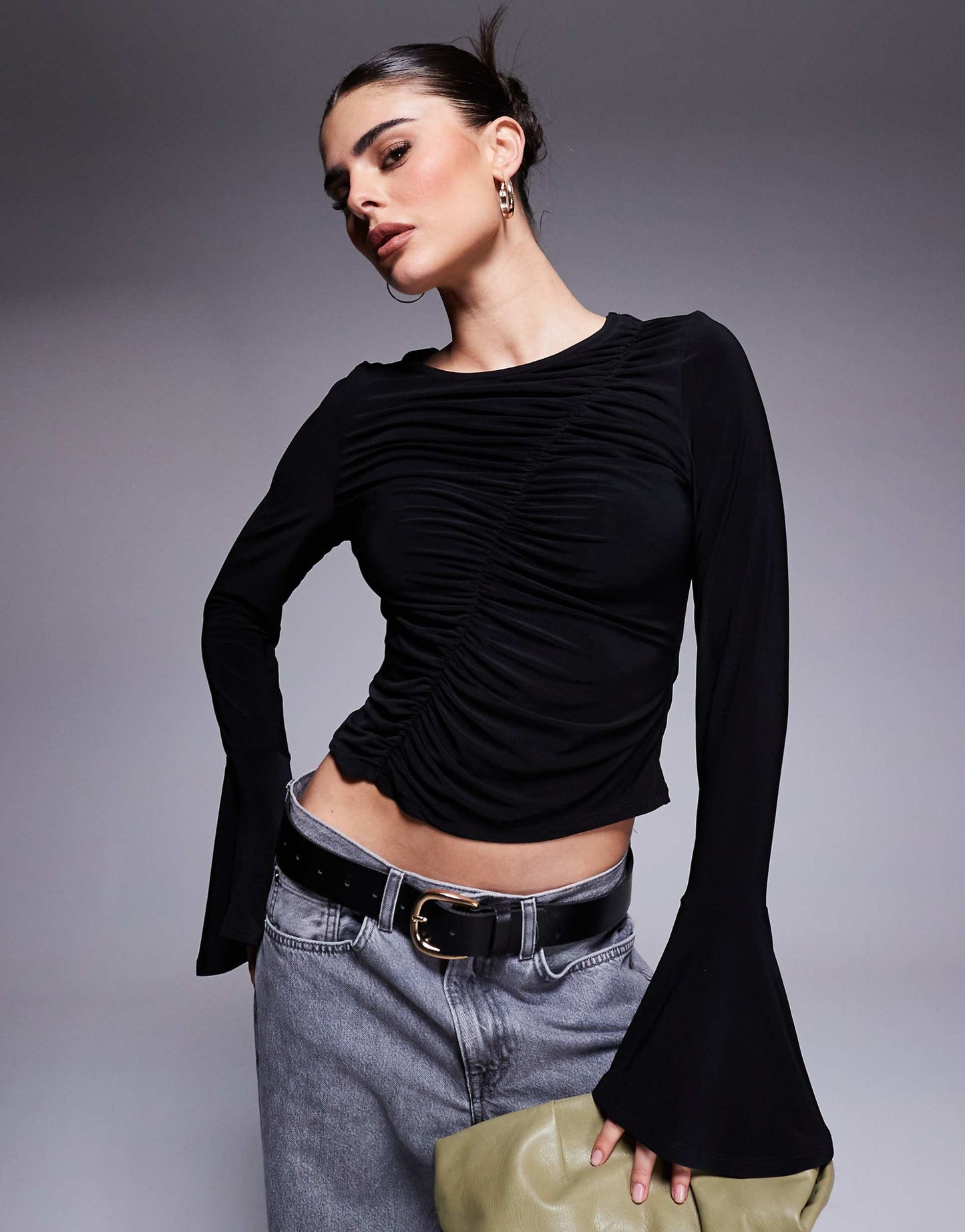 Asymmetric Gathered Flared Long Sleeve Top