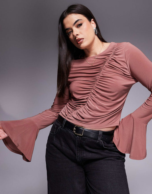 Curve Asymmetric Gathered Flared Long Sleeve Top