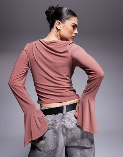 Asymmetric Gathered Flared Long Sleeve Top