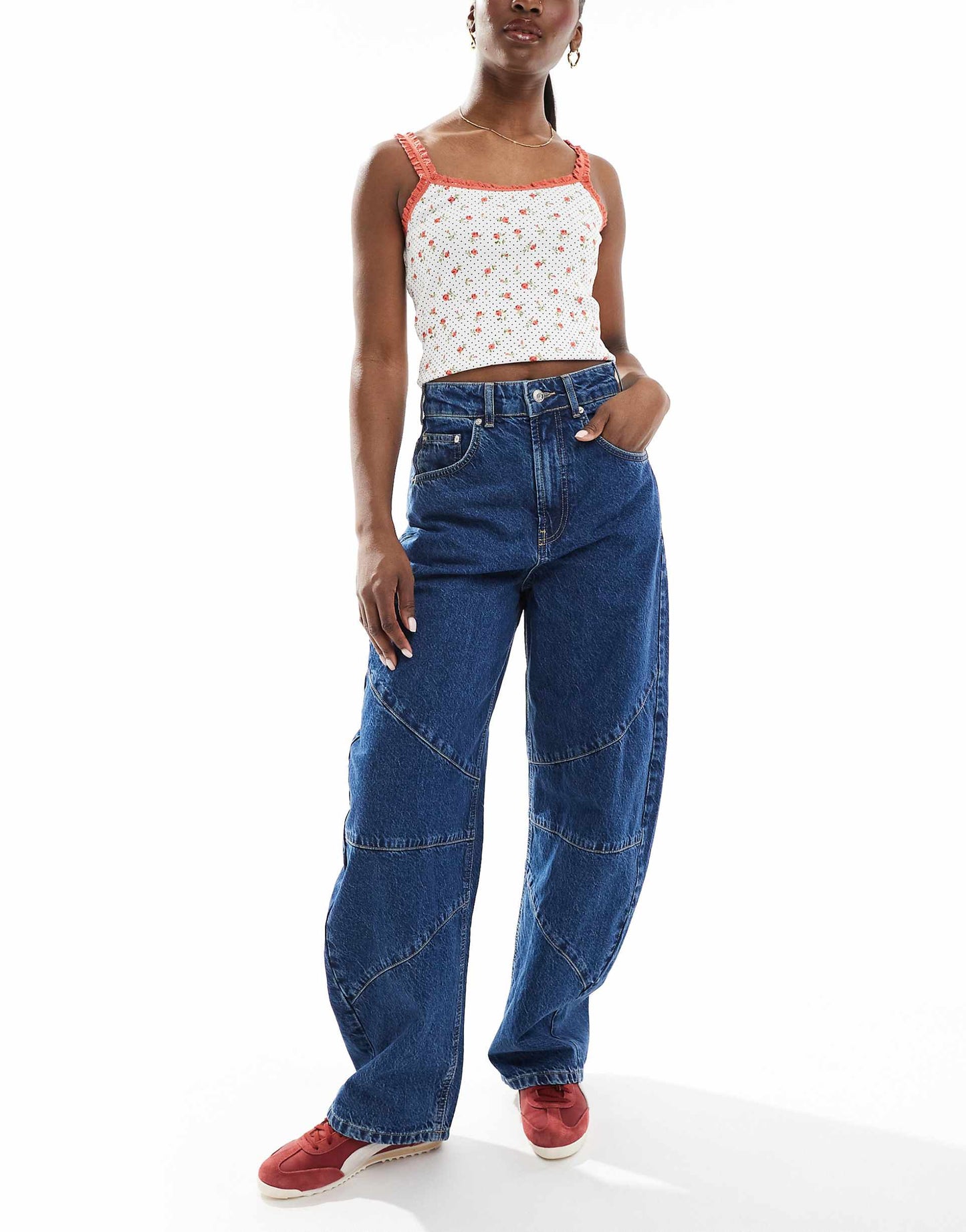 High Waisted Barrel Leg Jeans With Seam Detail