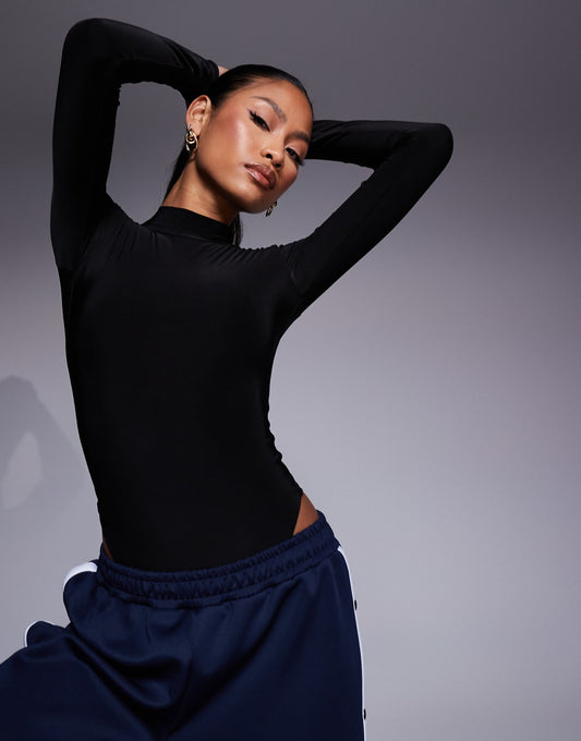 Double Layer Slinky High Neck Long Sleeve Bodysuit