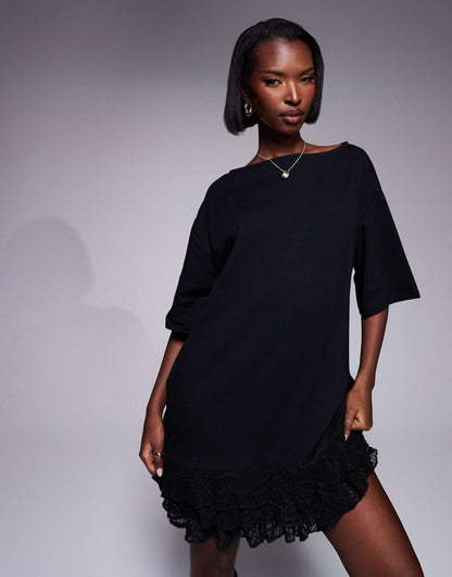 Slash Neck Black Mini Dress With Lace Skirt