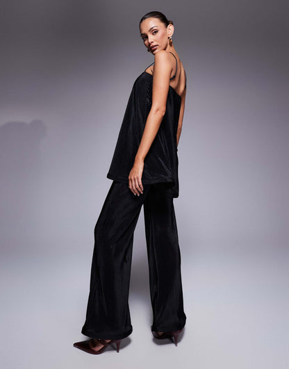 Plisse Wide Leg Jumpsuit With Ruffle Trim Detail