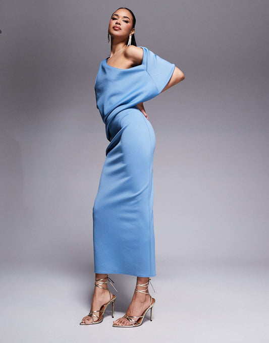 Scuba Pleated Fallen Shoulder Midi Dress With Asymmetric Back