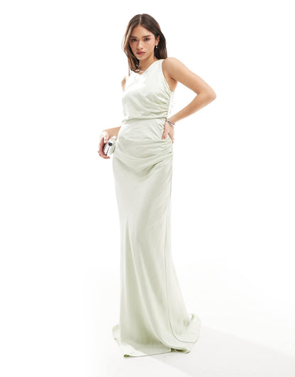 Bridesmaid Asymmetric Cowl Satin Maxi Dress