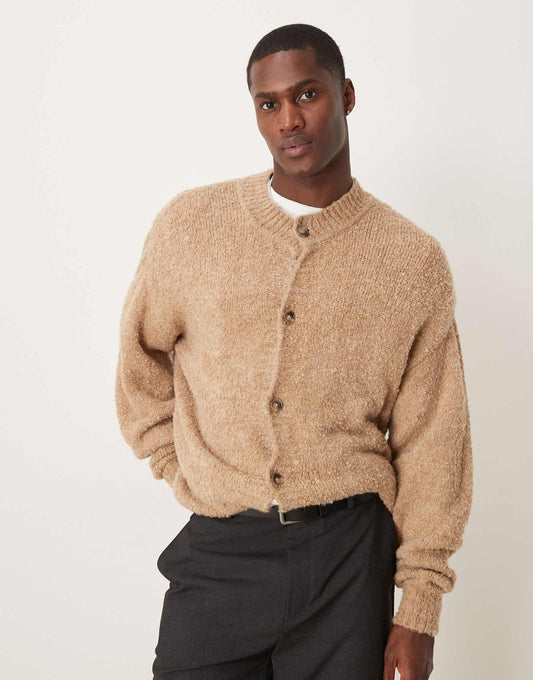 Relaxed Boxy Fit Textured Knitted Crew Neck Cardigan