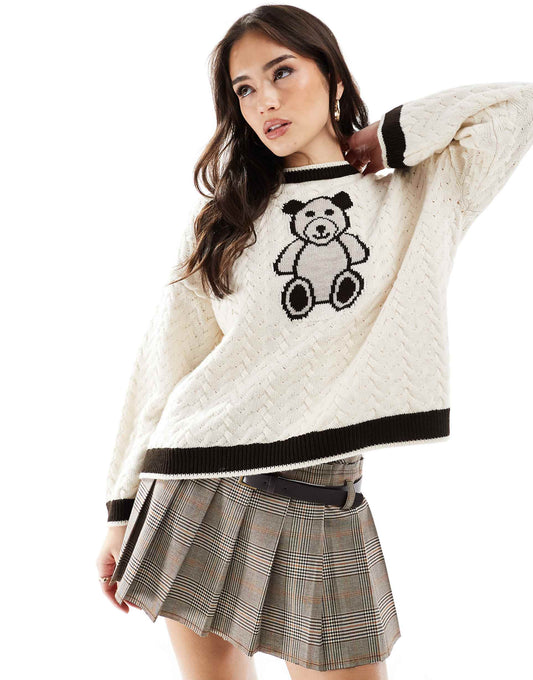 Oversized Cable Knit Jacquard Teddy Bear Jumper