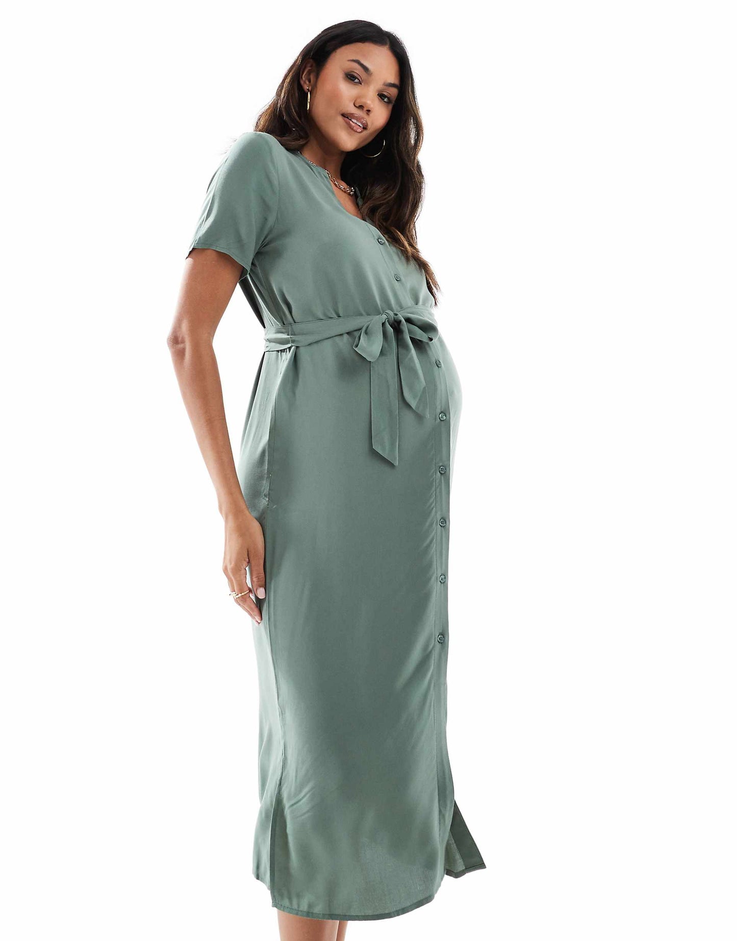 Maternity Midi Shirt Dress With Tie Waist