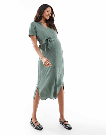 Maternity Midi Shirt Dress With Tie Waist