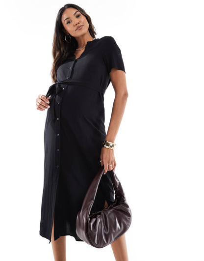 Maternity Midi Shirt Dress With Tie Waist