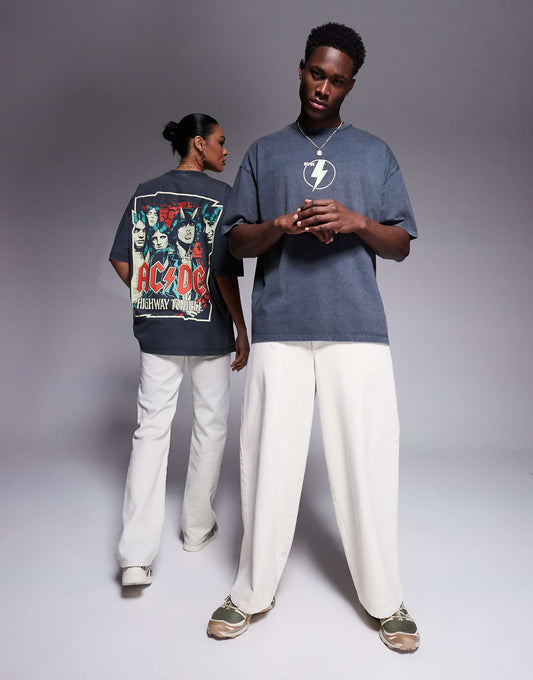 Unisex Boxy Oversized Drop Shoulder T-Shirt With Ac/Dc Prints