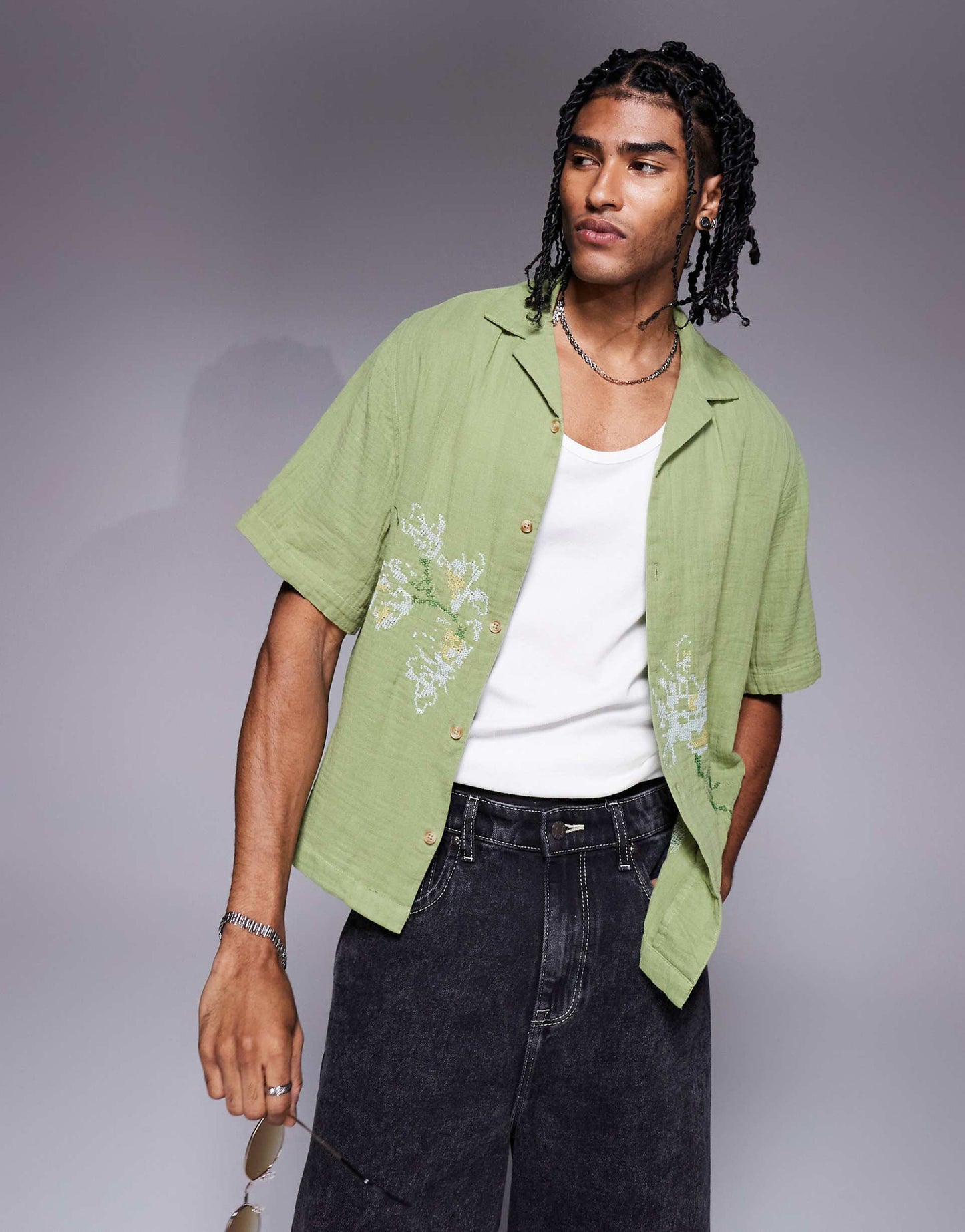 Boxy Revere Shirt With Floral Embroidery