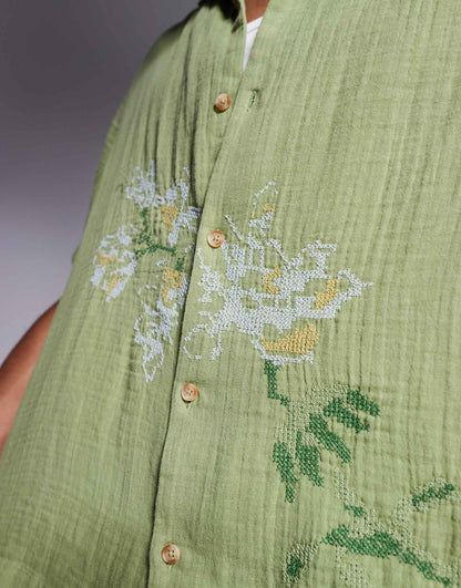 Boxy Revere Shirt With Floral Embroidery