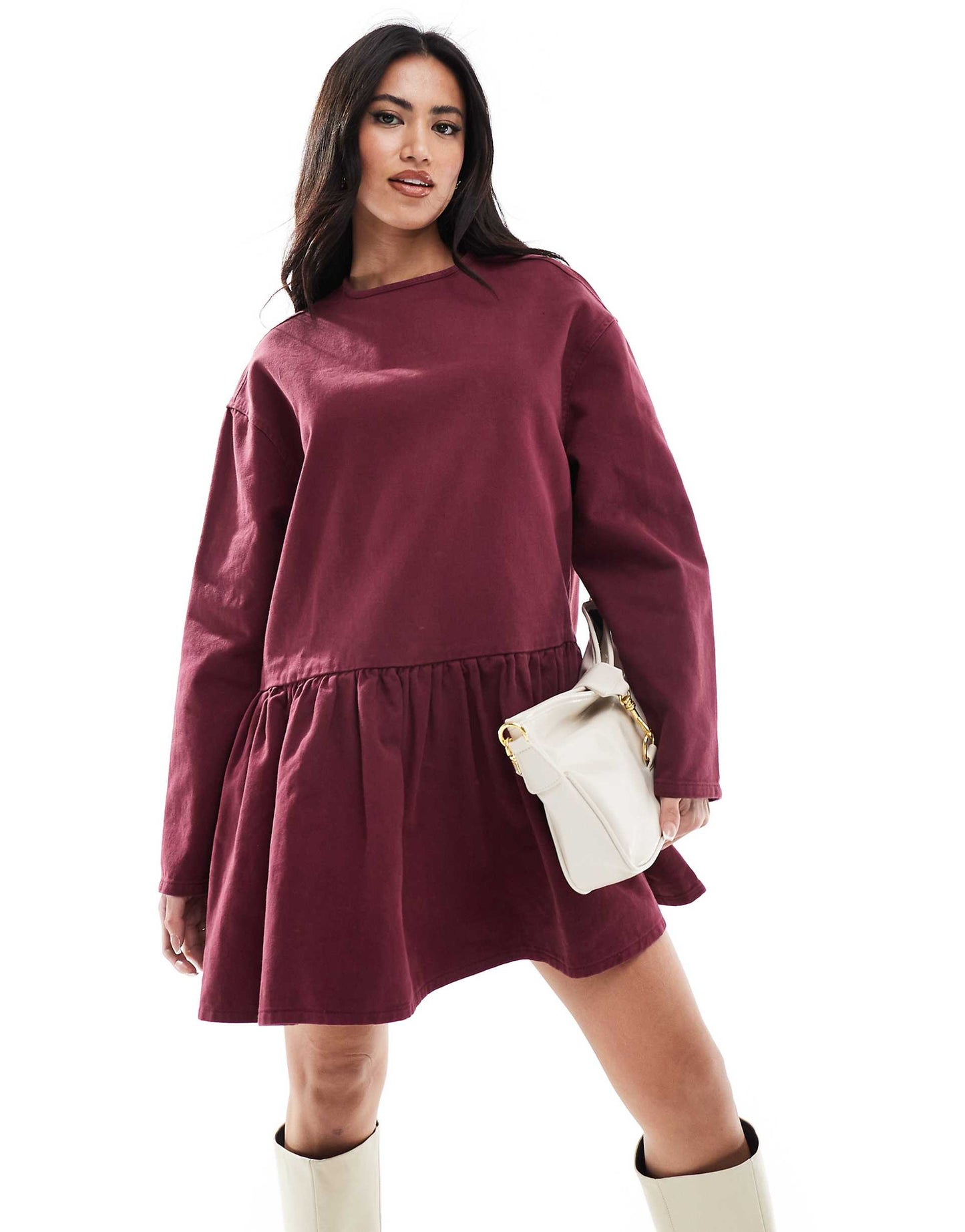 Long Sleeve Tie Neck Denim Tee Dress