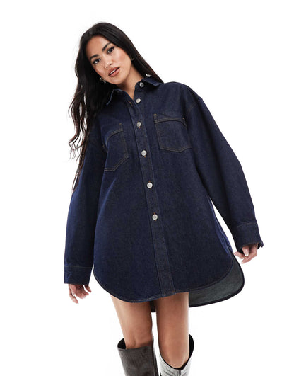 Oversized Button Up Mid Wash Denim Shirt Dress