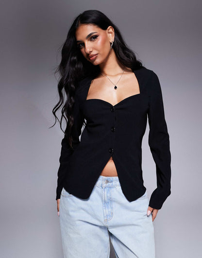 Ribbed Structured Sweetheart Button Through Top