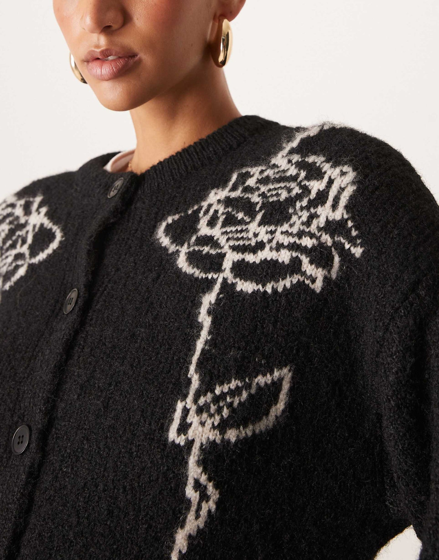 Wool Blend Knitted Cardigan With Contrast Floral