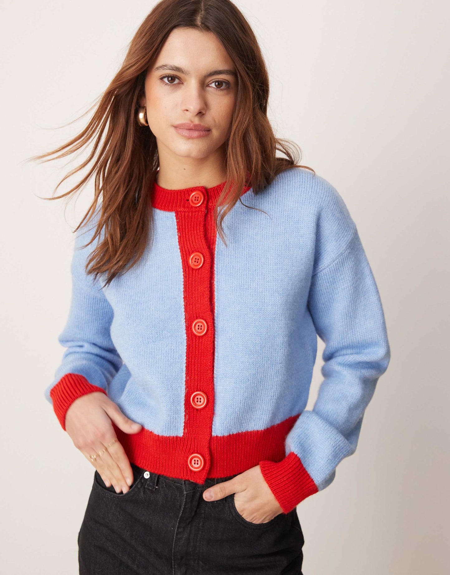 Fluffy Knit Cardigan With Contrast Tipping