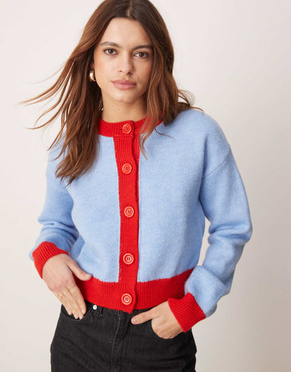 Fluffy Knit Cardigan With Contrast Tipping