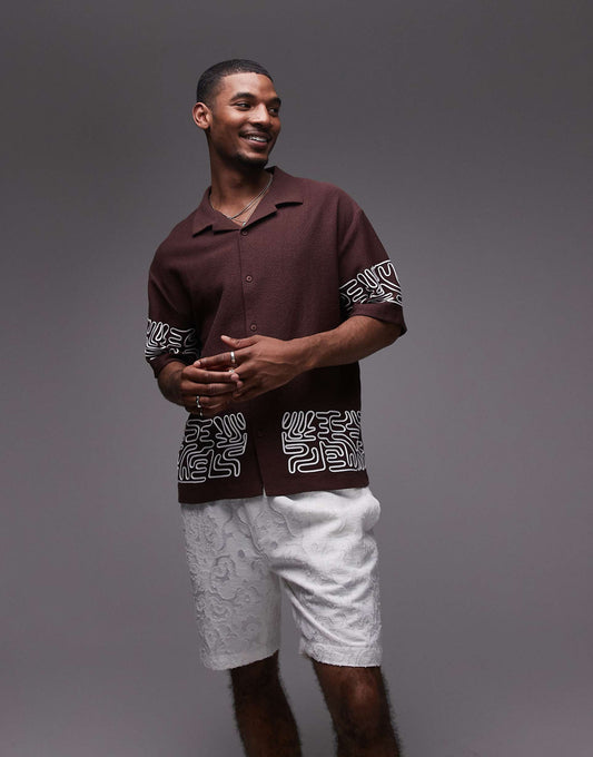 Oversized Fit Textured Button Through Jersey Shirt With Geo Cord Embroidery