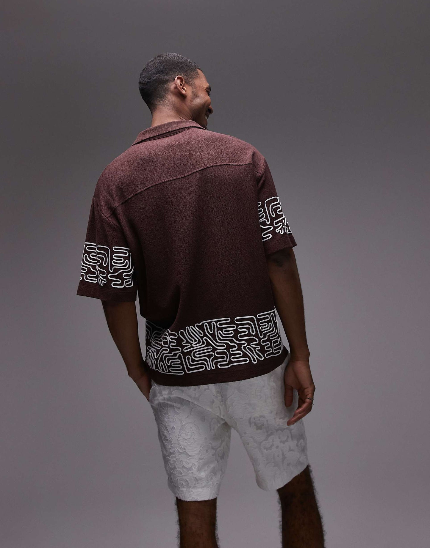 Oversized Fit Textured Button Through Jersey Shirt With Geo Cord Embroidery