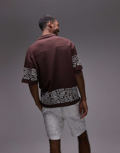 Oversized Fit Textured Button Through Jersey Shirt With Geo Cord Embroidery