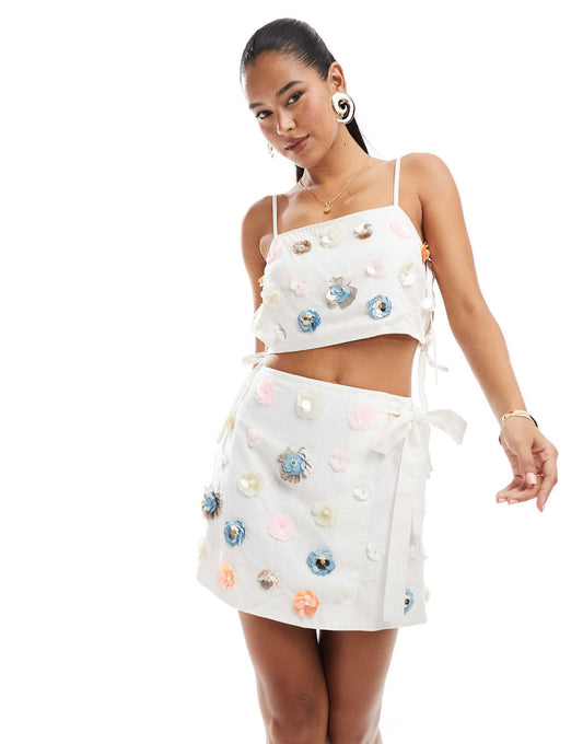 Linen Look 3D Embellishment Mini Skirt