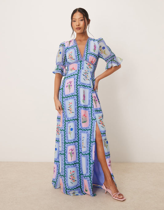 Petite Frill Sleeve Thigh Split Open Back Maxi Dress