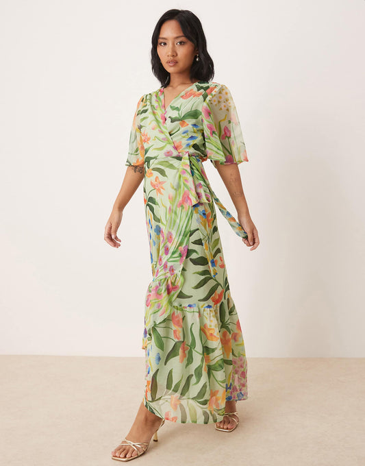 Petite Frill Sleeve Maxi Wrap Dress With Tie Waist