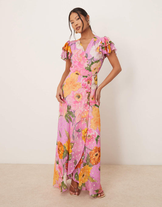 Petite Frill Sleeve Maxi Wrap Dress With Tie Waist