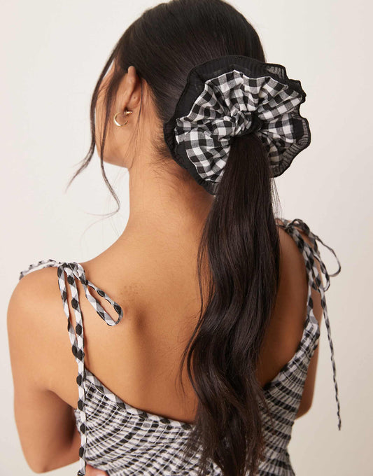 Scrunchie Hairband With Gingham Print And Contrast Frill Edge