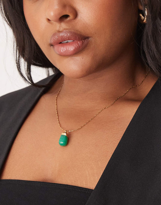 Curve 14K Gold Plated Adjustable Necklace With Green Aventurine Semi Precious Pendant