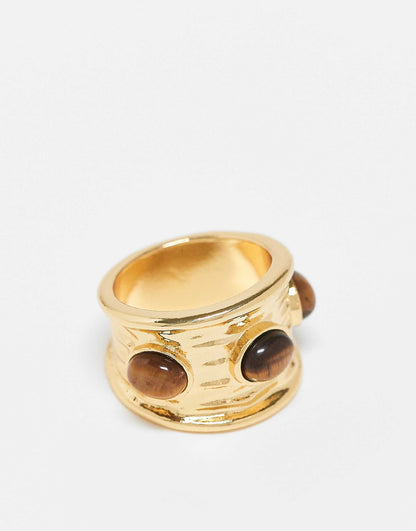 14K Gold Plated Ring With Real Tigers Eye Semi Precious Stone Design