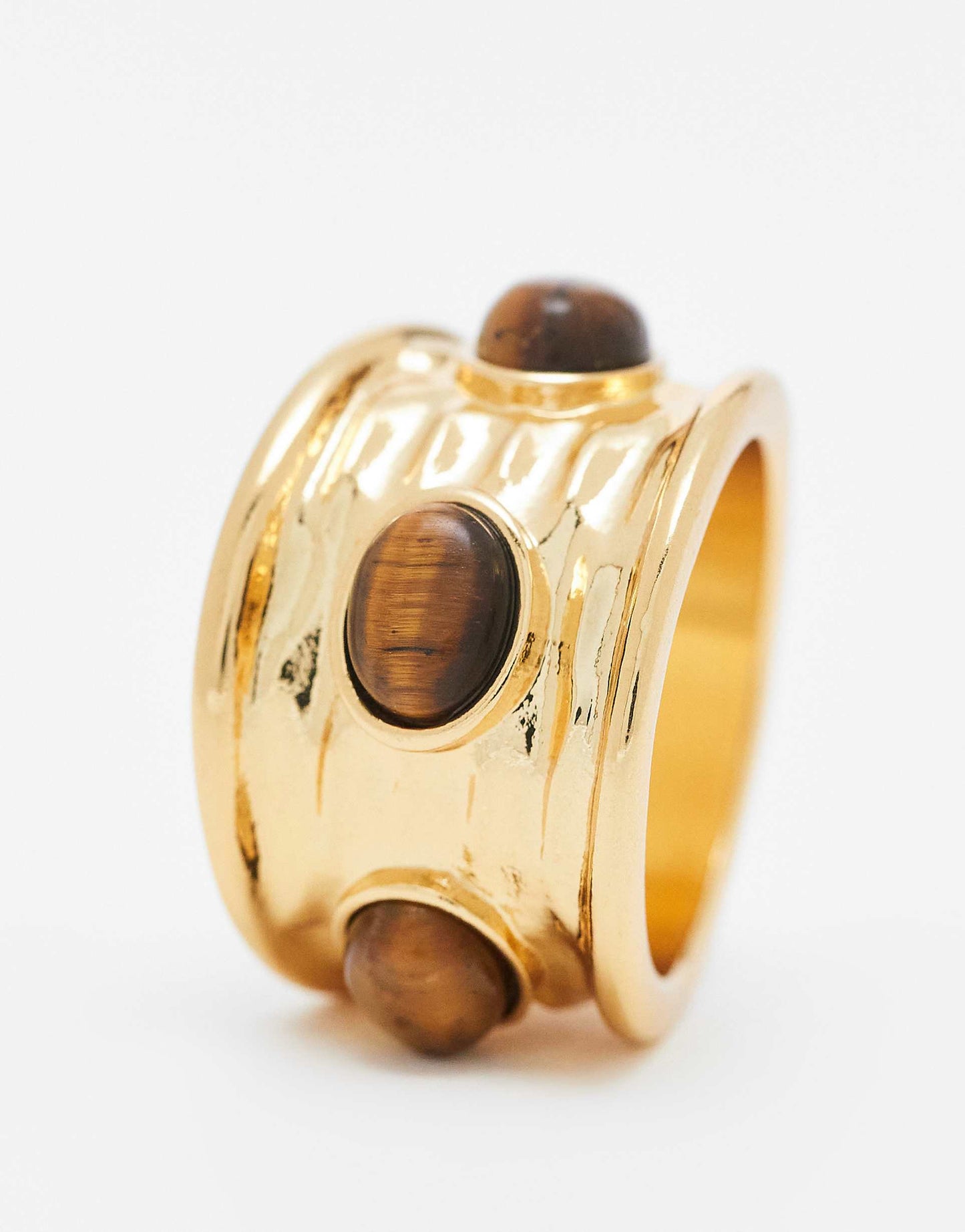 14K Gold Plated Ring With Real Tigers Eye Semi Precious Stone Design