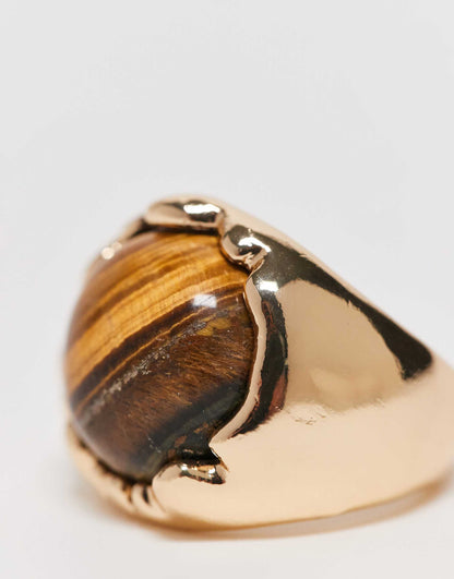 Ring With Real Semi Precious Tigers Eye Stone