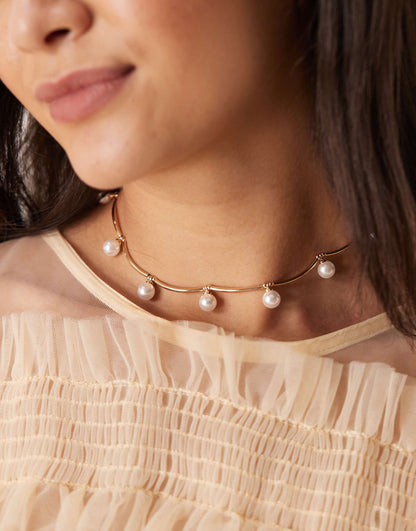 Choker Necklace With Dash And Faux Pearl Detail