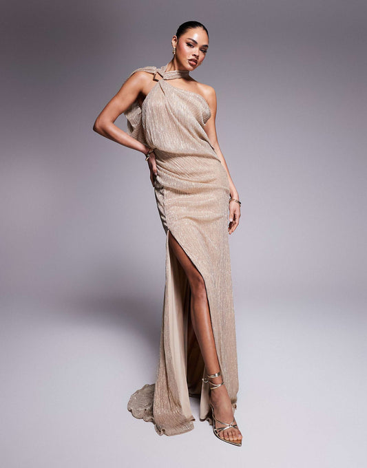 Premium Metallic One Shoulder Trim Maxi Dress