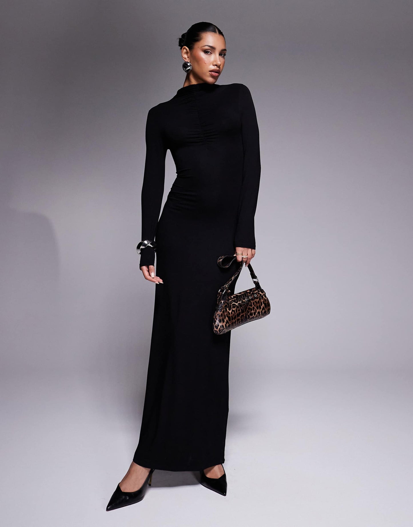 High Neck Long Sleeve With Ruching Maxi Dress