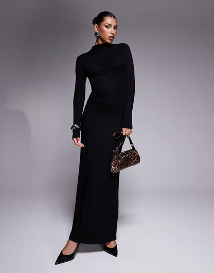 High Neck Long Sleeve With Ruching Maxi Dress