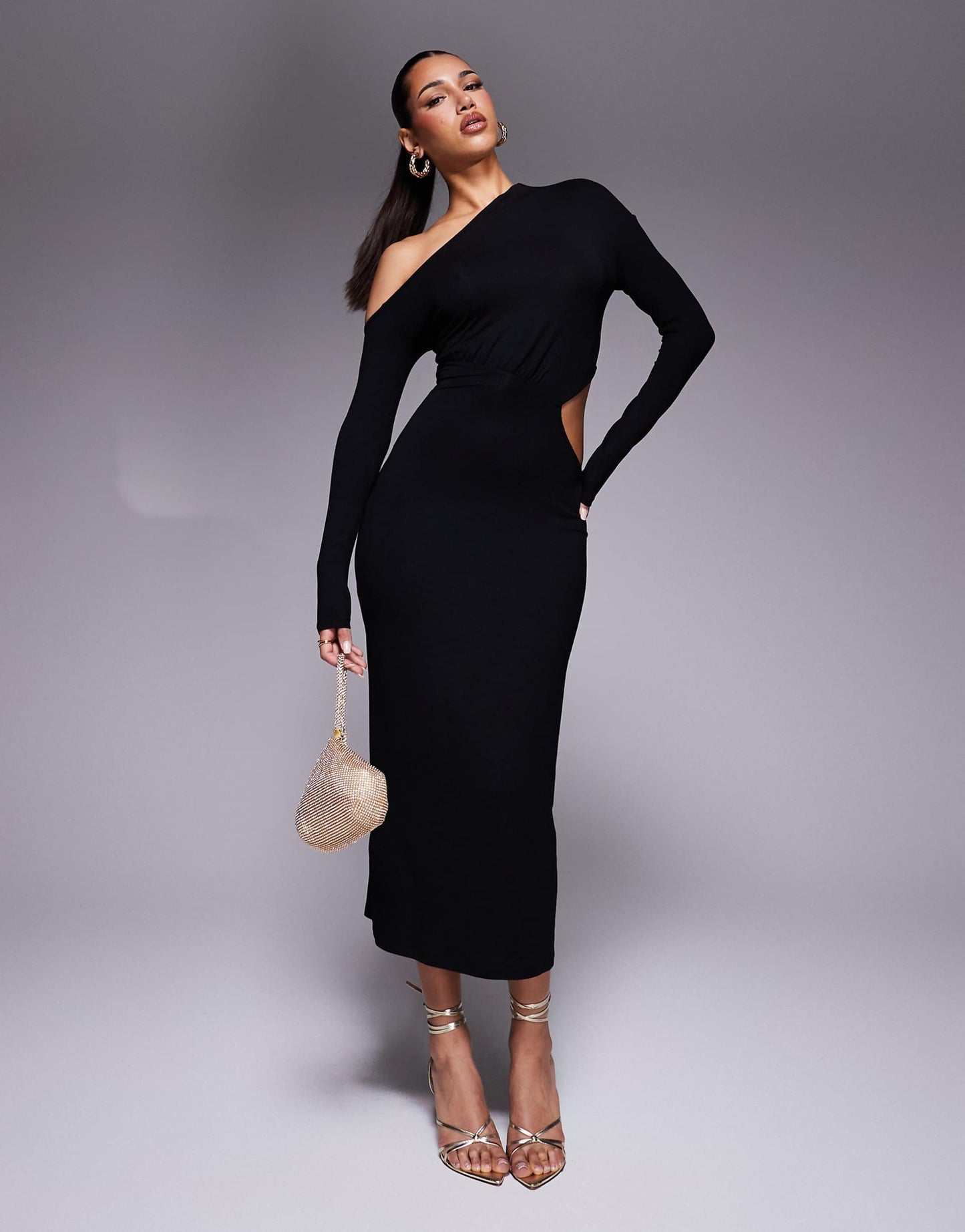 Fallen Shoulder Long Sleeve Ruched Cut Out Midi Dress