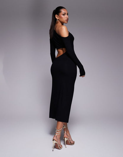 Fallen Shoulder Long Sleeve Ruched Cut Out Midi Dress