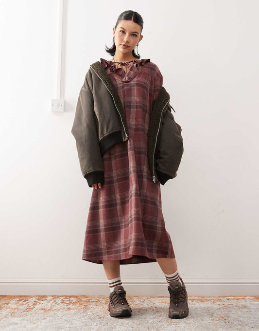 Midi Smock Dress With Tie Front Ruffle Detail
