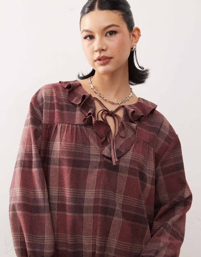 Midi Smock Dress With Tie Front Ruffle Detail