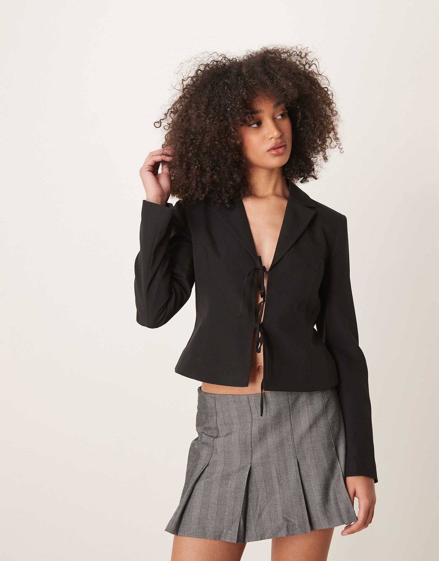 Tailored Short Fitted Blazer With Tie Front Bow Detail