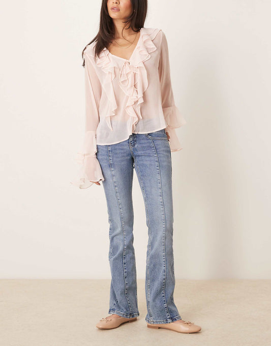 Low Rise Flare Leg Jeans With Front Panel Detail