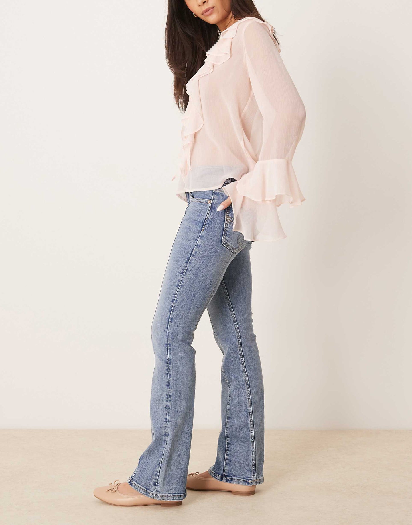 Low Rise Flare Leg Jeans With Front Panel Detail