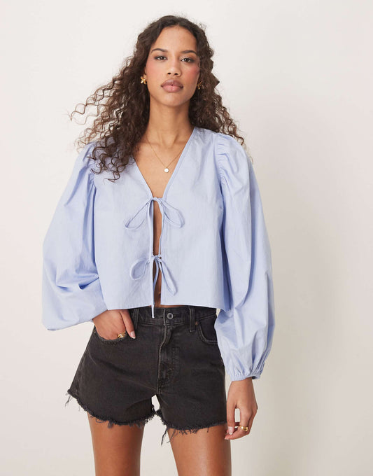 Blouse Top With Tie Front And Volume Sleeves