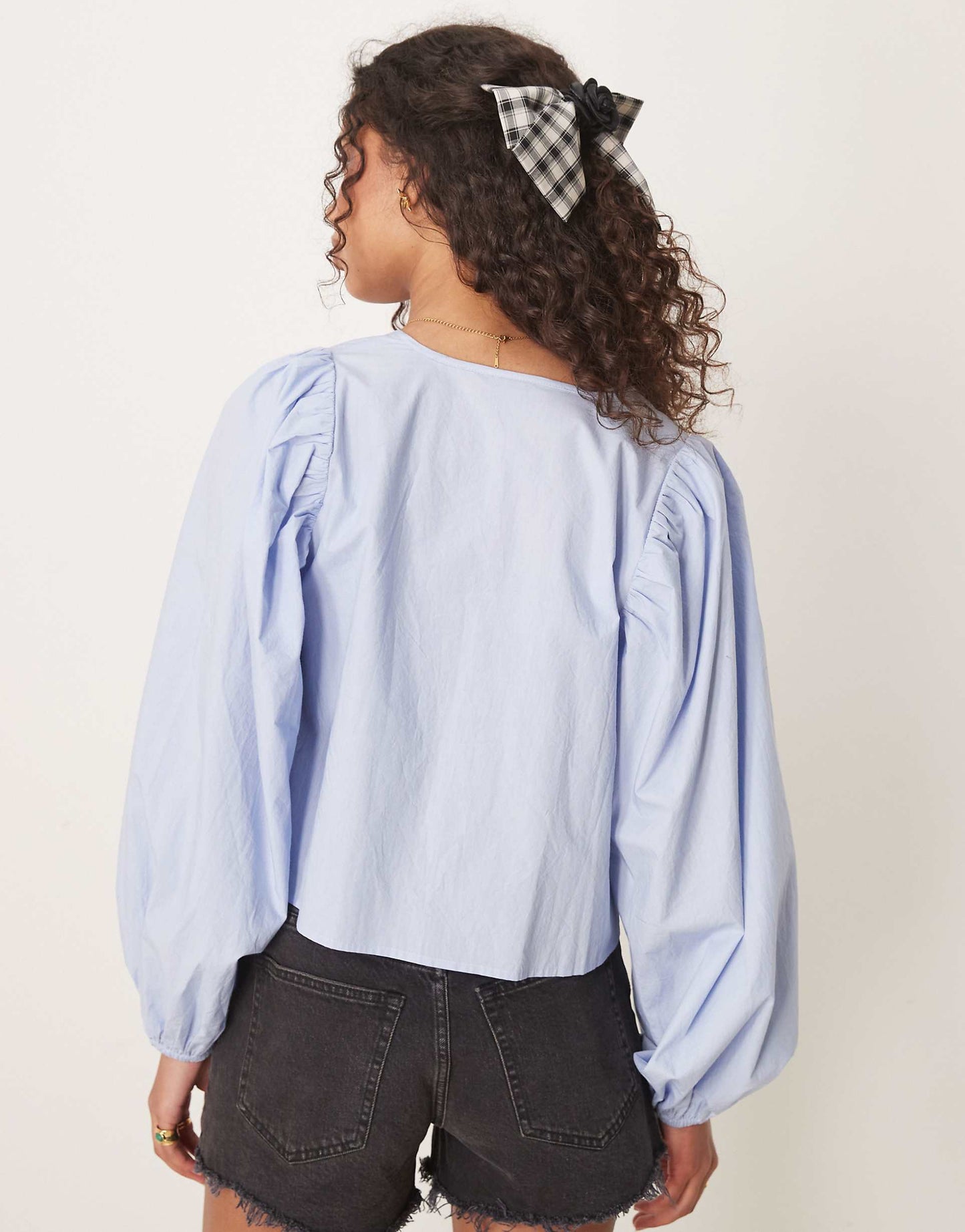 Blouse Top With Tie Front And Volume Sleeves